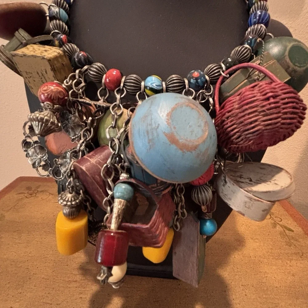 Vintage Mexican Folk Art Charm Necklace Statement Bib Beaded Wood Metal